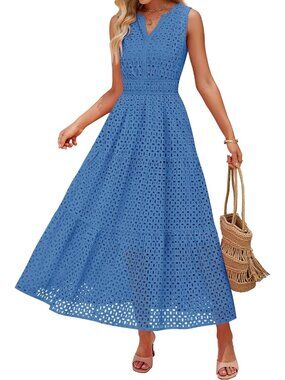 🆕 Women's Blue Sleeveless Eyelet Lace Boho Maxi Tiered V-Neck Casual Dress